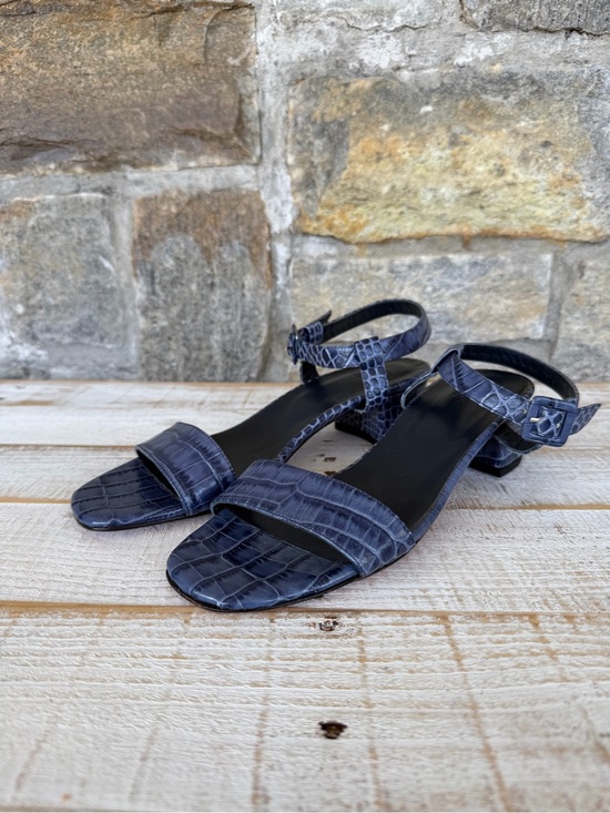 Maryam Nassir Zadeh Shoes - Maryam Nassir Zadeh Navy Croc-Embossed Low Block Heel Sandals